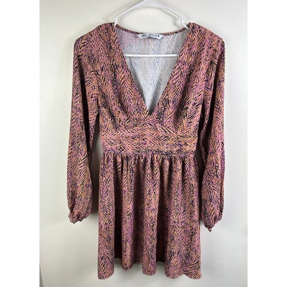 Zara Pink Mix Balloon Sleeve Retro Skater Style Mini Dress Small Deep V-Neck - Picture 2 of 6